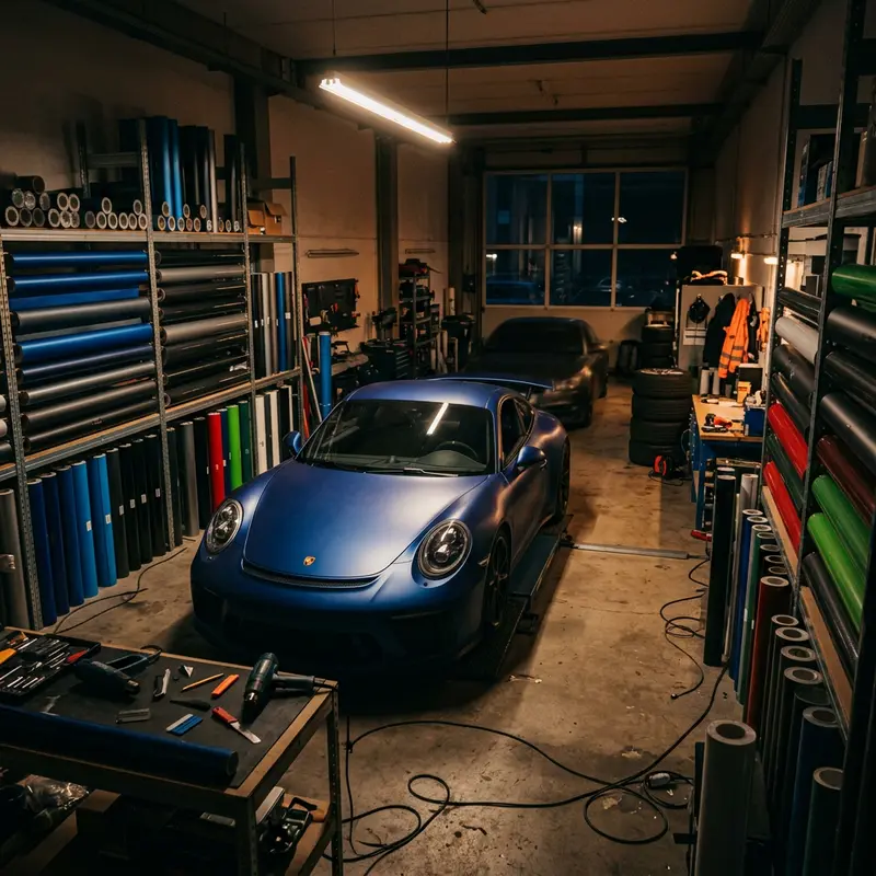 Workshop interior with a freshly wrapped sports car and shelves of vinyl rolls