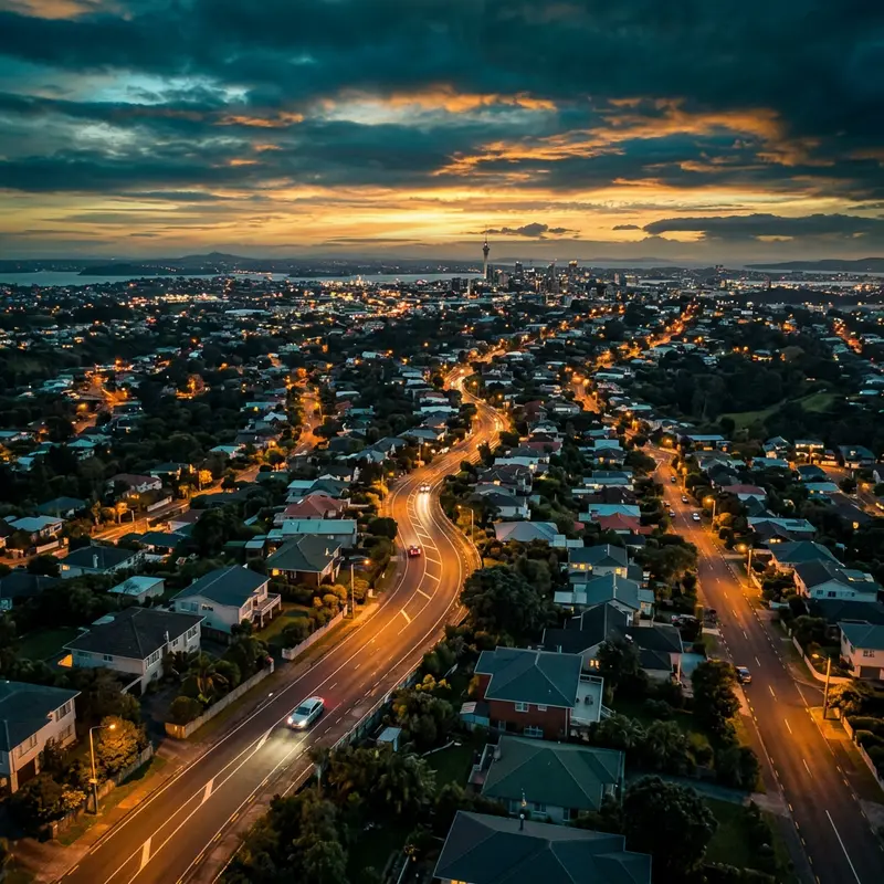 Dusk view over a South Auckland suburban road network with a single car driving