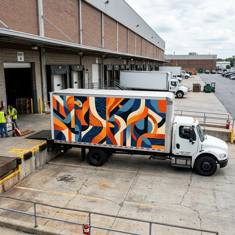 Large box truck with a full side wrap of orange and navy abstract shapes at a loading dock