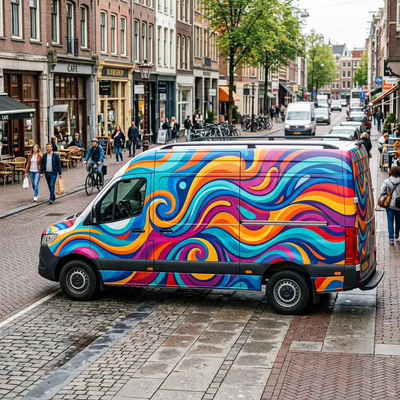 Cargo delivery van wrapped in a colourful abstract wave design on a city street