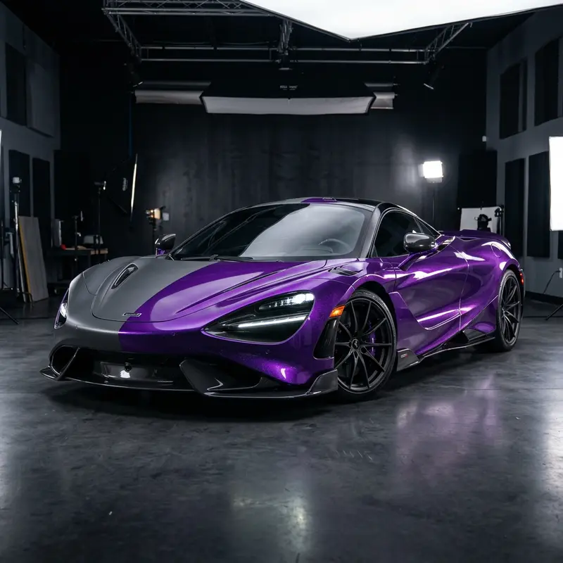 Sports car half in matte grey and half in glossy metallic purple during a colour change wrap