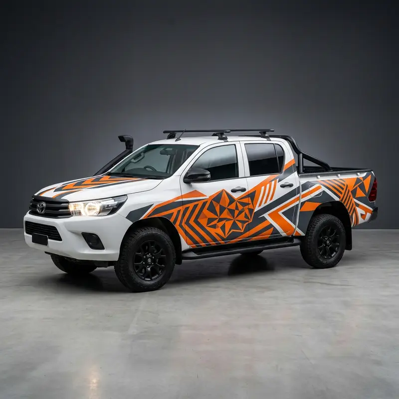 White work ute carrying bold orange and charcoal geometric business livery