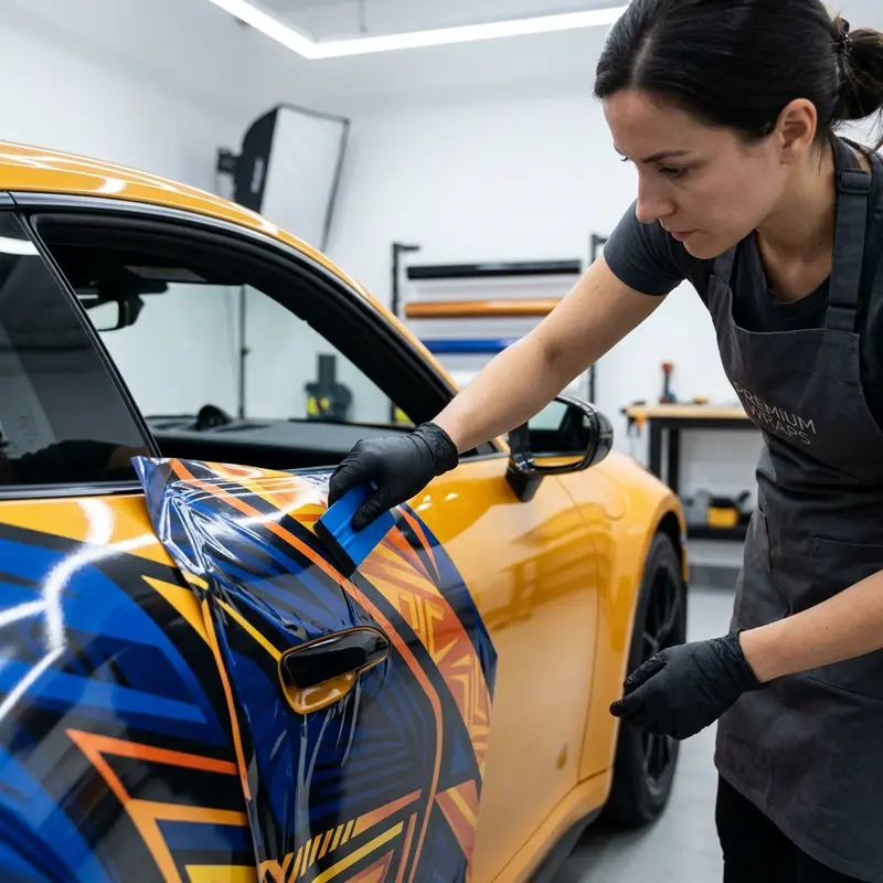 Installer working a printed vinyl wrap onto a car door with a squeegee