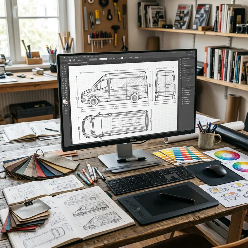 Designer workstation showing a van outline template with colour swatches and sketches