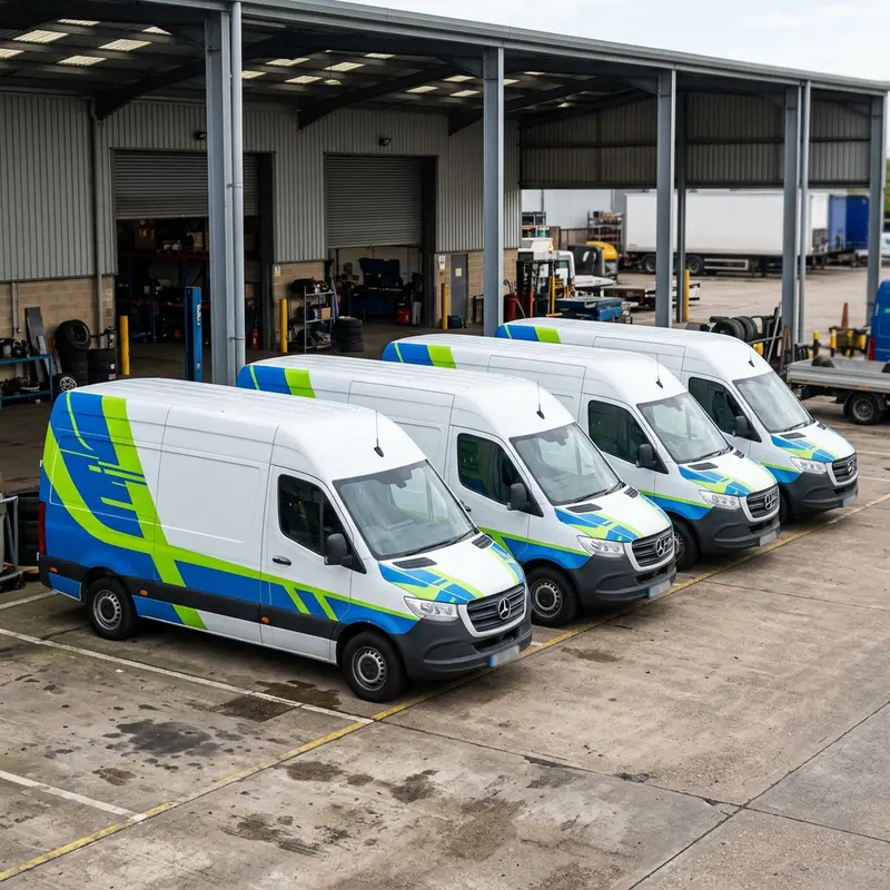 Row of matching white vans with bold blue and lime fleet livery lined up in a depot