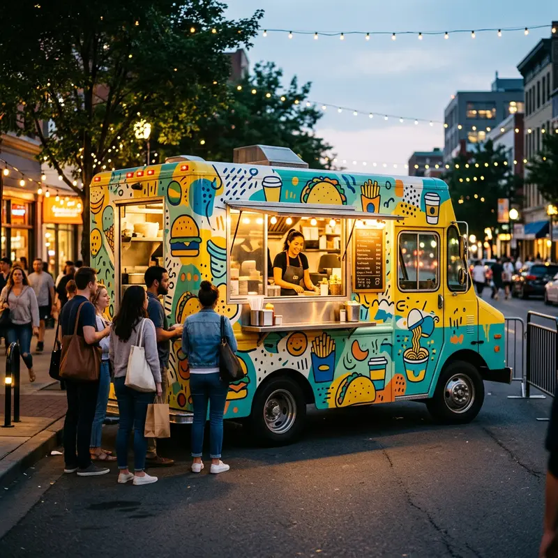 Food truck wrapped in playful bright yellow and teal graphics of abstract food shapes