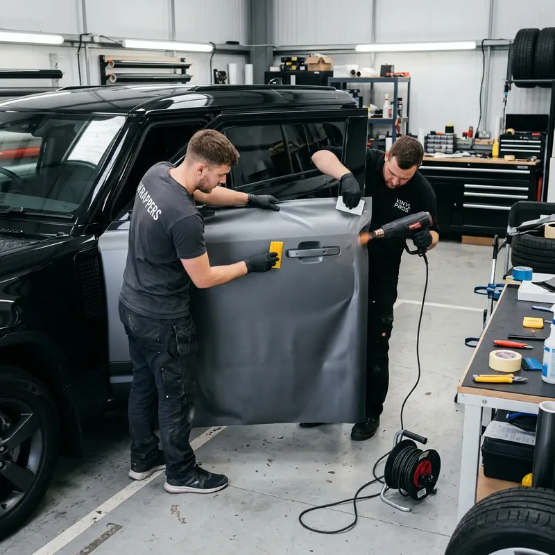 Two installers fitting a large vinyl panel to an SUV with a heat gun in a clean garage