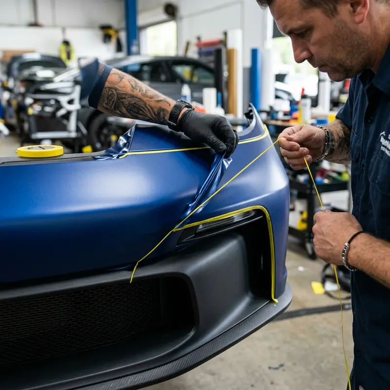 Installer trimming a repaired vinyl panel on a car bumper with knifeless tape