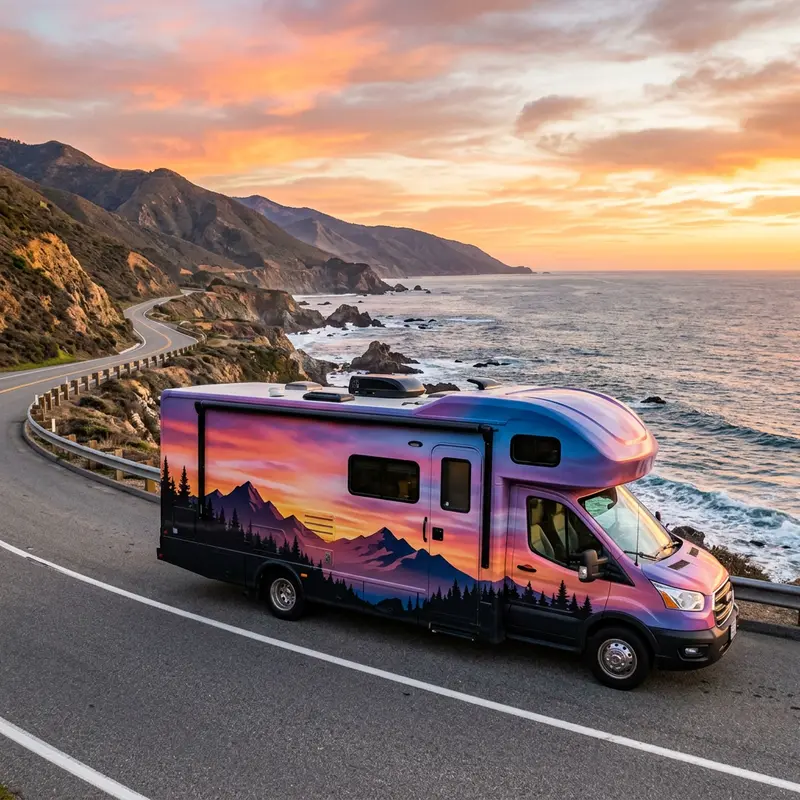 Motorhome wrapped in a sunset gradient and mountain silhouette graphics beside a coastal road