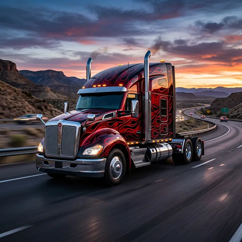 Semi truck prime mover with metallic red and black flame wrap at dusk on a highway